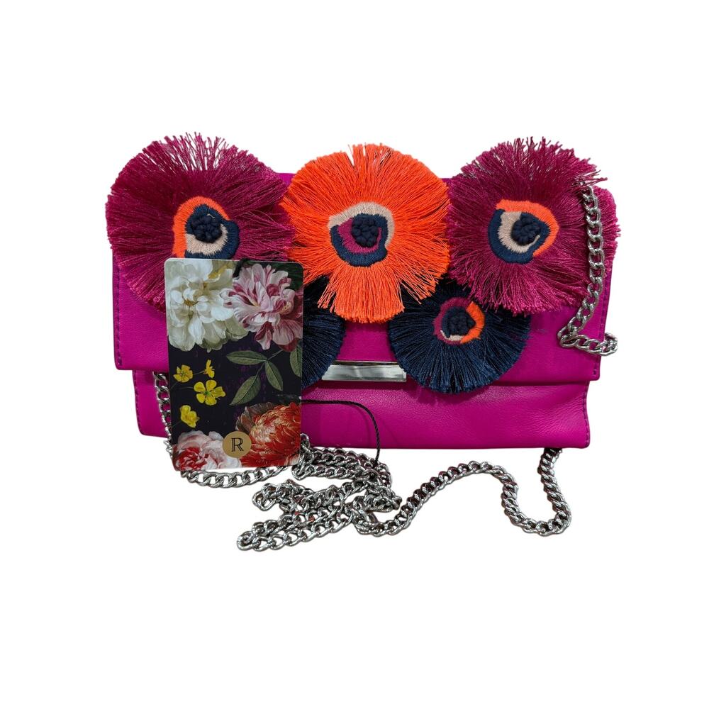 Loeffler Randall Leather Floral Fringe Clutch Bag Pink Chain Strap Y2K Designer